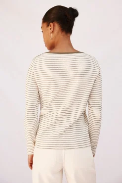 Cortefiel T-Shirts-Camiseta riscas com gola canoa Verde