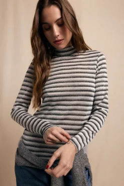 Slowlove T-Shirts-Camiseta riscas de lurex com gola alta Cinzento