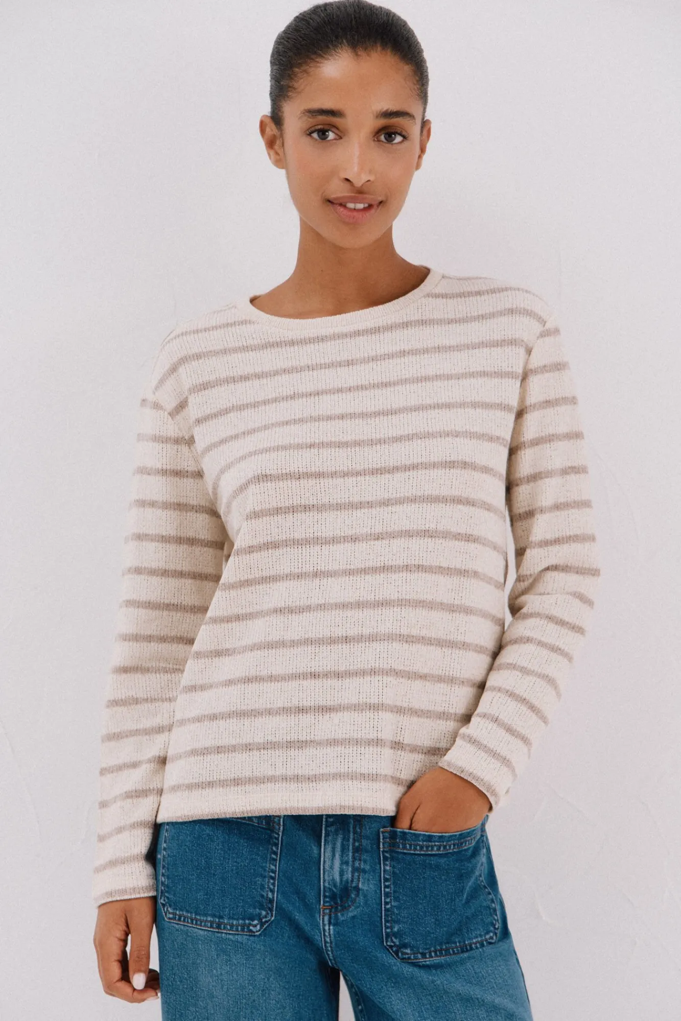 Cortefiel T-Shirts-Camiseta riscas em chenille Tostado