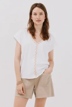 Cortefiel T-Shirts-Camiseta trançada com gola em bico Branco