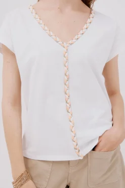 Cortefiel T-Shirts-Camiseta trançada com gola em bico Branco