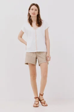 Cortefiel T-Shirts-Camiseta trançada com gola em bico Branco