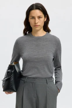 Selected Camisolas-Camisola 100% lã merino. Cinzento