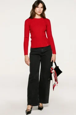 Selected Camisolas-Camisola canelado com botões e corte slim. Vermelho