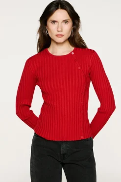 Selected Camisolas-Camisola canelado com botões e corte slim. Vermelho