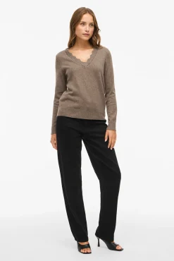 Vila Camisolas-Camisola com gola em V Castanho