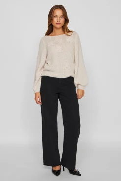 Vila Camisolas-Camisola de flores em malha com lã Ecru