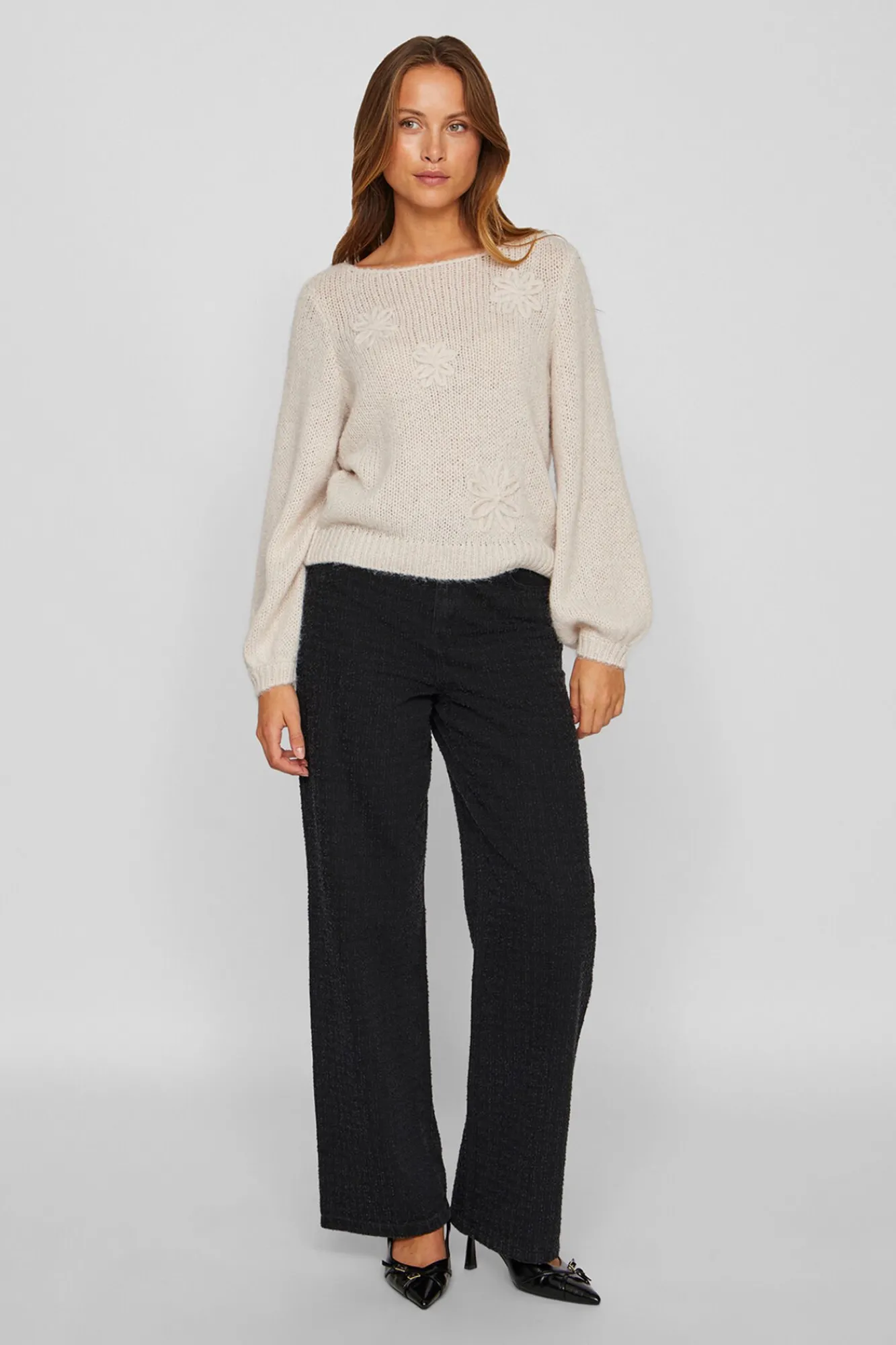 Vila Camisolas-Camisola de flores em malha com lã Ecru