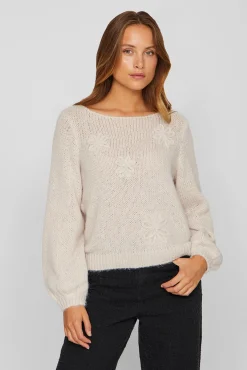 Vila Camisolas-Camisola de flores em malha com lã Ecru