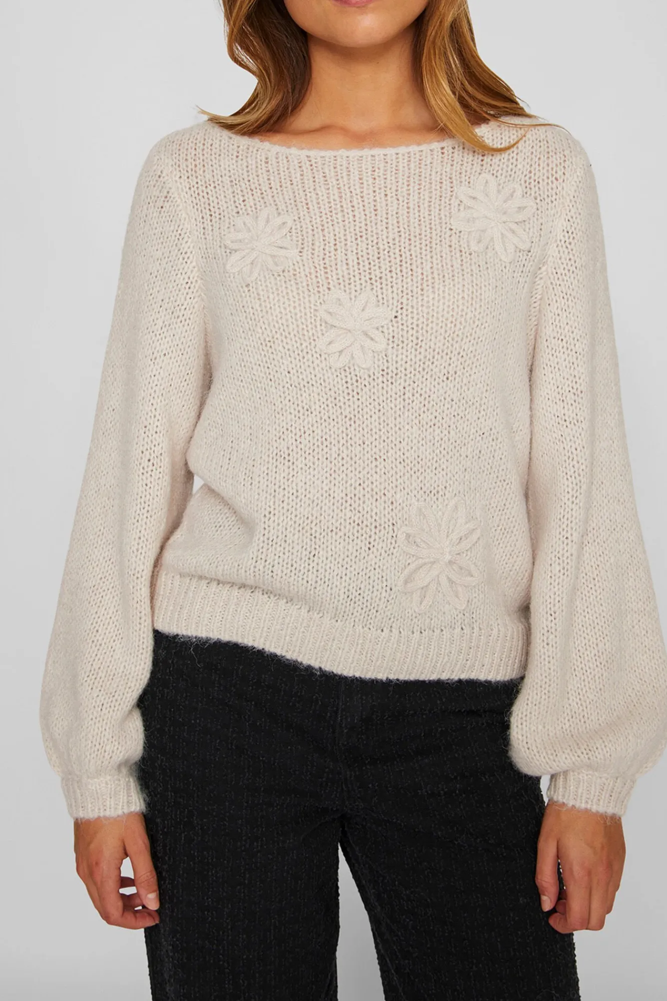 Vila Camisolas-Camisola de flores em malha com lã Ecru