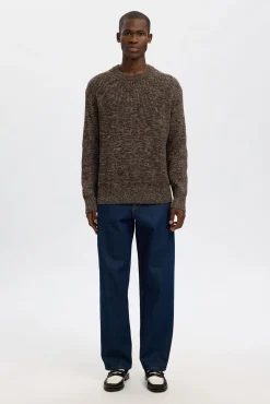 Selected Camisolas-Camisola de gola caixa 100% algodão orgânico Castanho