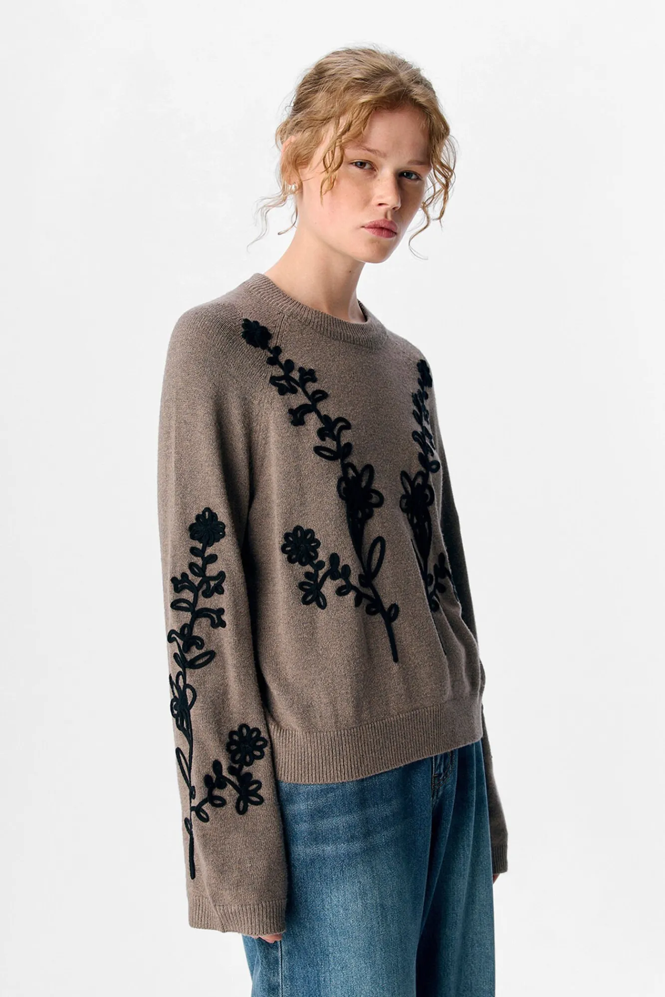 Object Camisolas-Camisola de malha bordado com flores Castanho