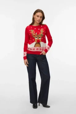 Vero Moda Camisolas-Camisola feminino com estampado de Natal e gola redonda Vermelho
