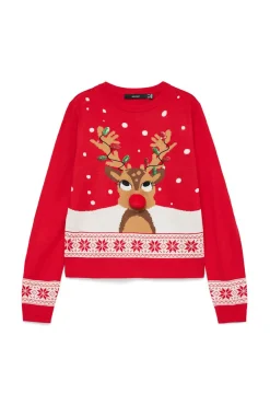 Vero Moda Camisolas-Camisola feminino com estampado de Natal e gola redonda Vermelho