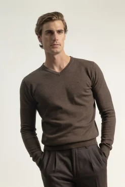 PuroEGO Camisolas-Camisola gola em bico algodão Castanho