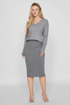 Vila Blusas|Camisolas-Camisola malha gola em bico Cinzento