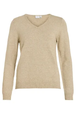 Vila Blusas|Camisolas-Camisola malha gola em bico Castanho