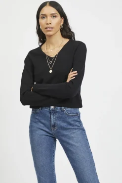 Vila Blusas|Camisolas-Camisola malha gola em bico Preto