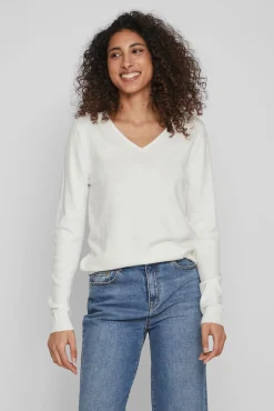 Vila Blusas|Camisolas-Camisola malha gola em bico Branco