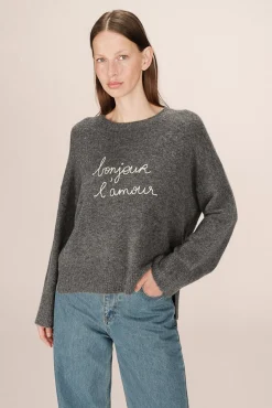 Grace & Mila Camisolas-Camisola oversized de manga comprida com mensagem bordada Cinzento