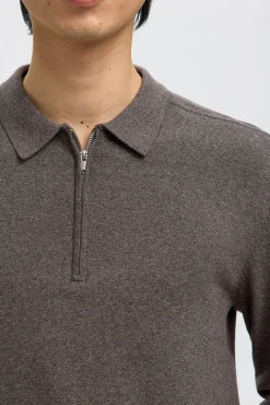 Selected Camisolas-Camisola polo 100% algodão com meia fecho-éclair . Cinzento