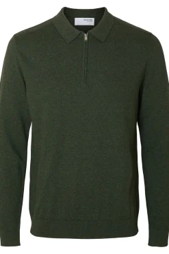 Selected Camisolas-Camisola polo 100% algodão com meia fecho-éclair . Verde