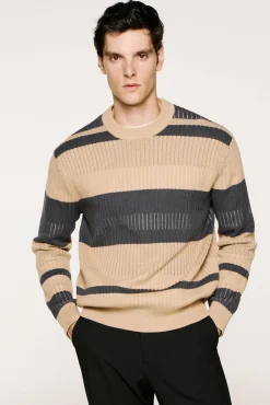 Selected Camisolas-Camisola riscas canelada 100% algodão orgânico. Tostado