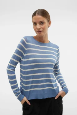 Vero Moda Camisolas-Camisola às riscas de mulher com manga comprida e gola redonda Azul