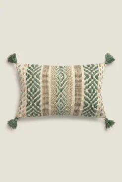 Textura Almofadas-Capa de almofada bordada com pompons verde