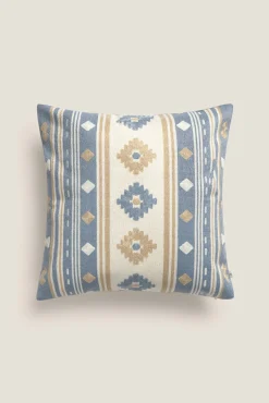 Textura Almofadas-Capa de almofada com fio tingido e desenho geométrico azul