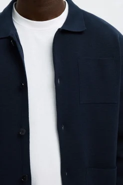 Selected Camisolas-Casaco casaco de malha de algodão orgânico com bolsos. Azul