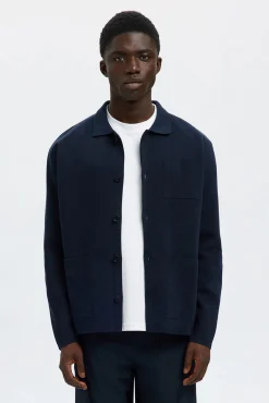 Selected Camisolas-Casaco casaco de malha de algodão orgânico com bolsos. Azul