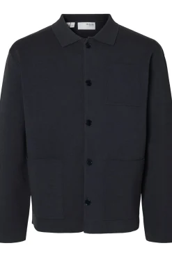 Selected Camisolas-Casaco casaco de malha de algodão orgânico com bolsos. Azul