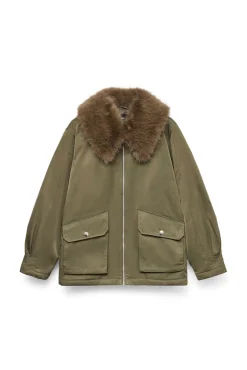 Vero Moda Sobretudos|Casacos-Casaco curto com gola de pele Verde