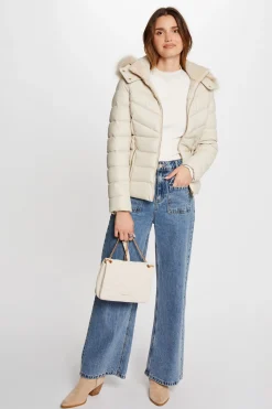 Morgan Sobretudos|Casacos-Casaco de couro sobretudo com capuz Ecru