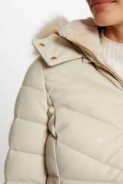 Morgan Sobretudos|Casacos-Casaco de couro sobretudo com capuz Ecru