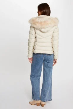 Morgan Sobretudos|Casacos-Casaco de couro sobretudo com capuz Ecru