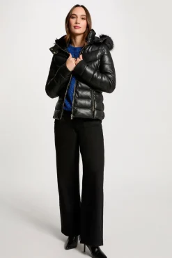 Morgan Sobretudos|Casacos-Casaco de couro sobretudo com capuz Preto