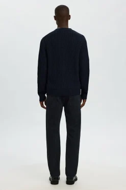 Selected Camisolas-Casaco de malha 100% algodão orgânico com gola em bico Azul