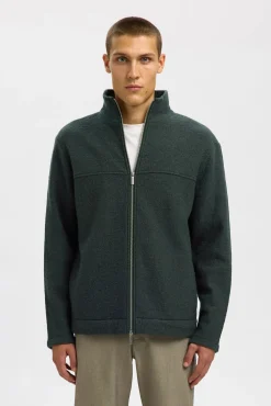 Selected Camisolas-Casaco de malha 100% lã com fecho-éclair Verde