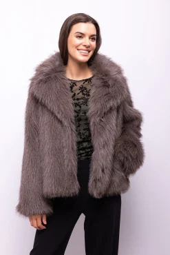 Object Casacos-Casaco de pele sobretudo com lapelas Cinzento