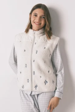 Women'secret Coletes-Colete curto de pele de borrego bordado branco