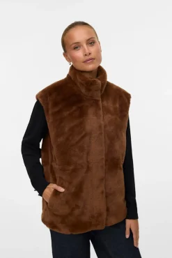 Vero Moda Coletes|Sobretudos-Colete de pele de gola alta Castanho