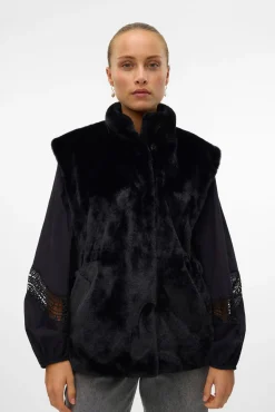 Vero Moda Coletes|Sobretudos-Colete de pele de gola alta Preto