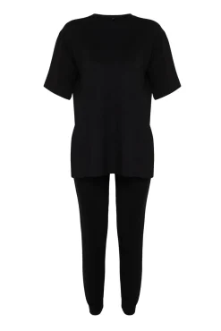 Trendyol Pijamas-Conjunto básico de corrida, blusa e calças de gola redonda preto