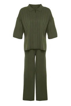 Trendyol Pijamas-Conjunto básico de calça e T-shirt polo verde