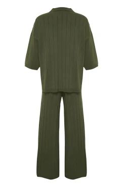 Trendyol Pijamas-Conjunto básico de calça e T-shirt polo verde