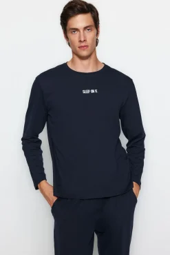 Trendyol Pijamas-Conjunto de pijama marinho estampado regular fit azul