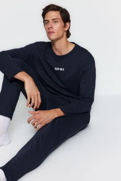 Trendyol Pijamas-Conjunto de pijama marinho estampado regular fit azul