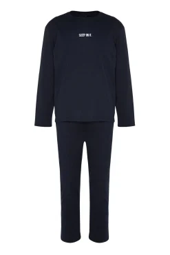 Trendyol Pijamas-Conjunto de pijama marinho estampado regular fit azul